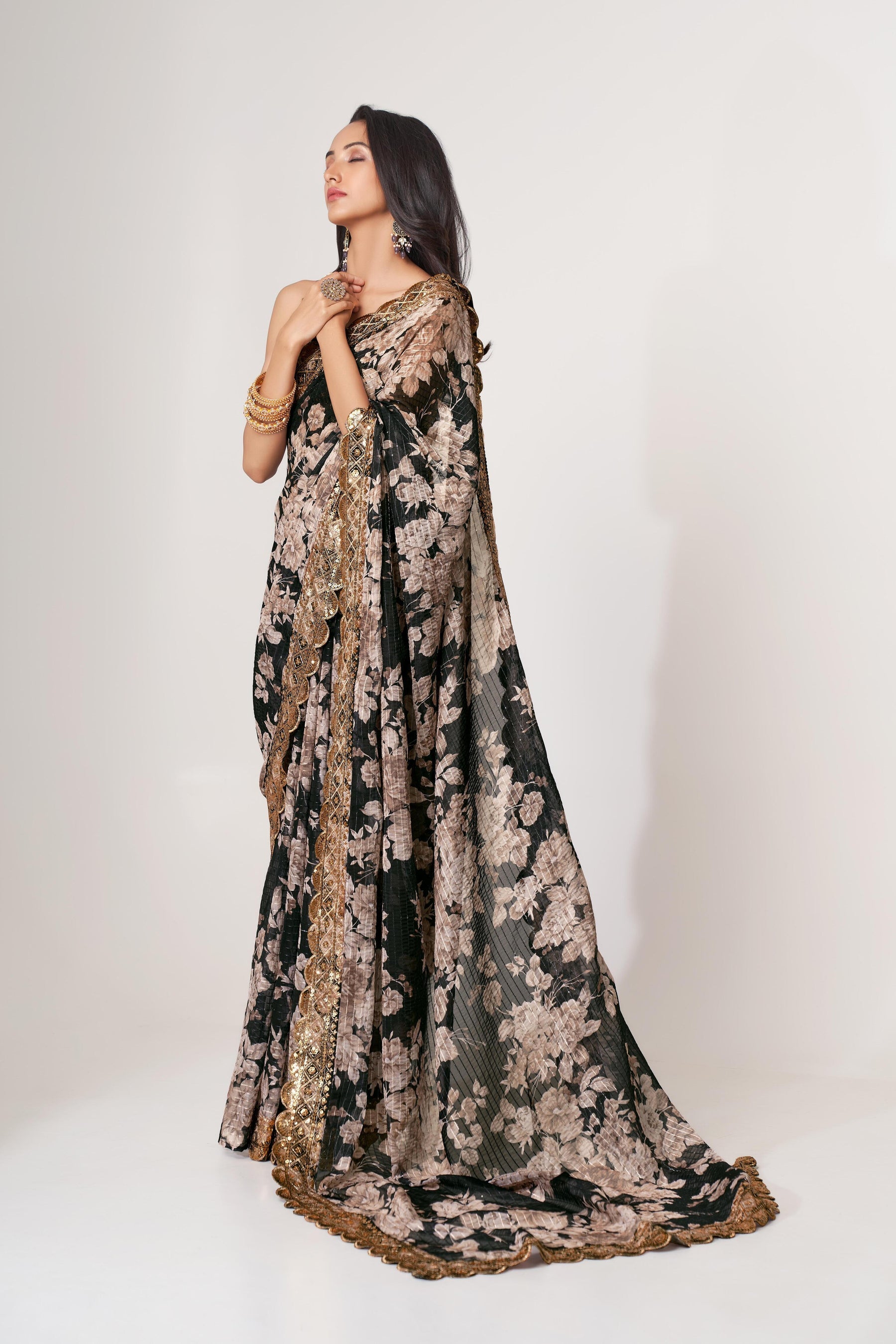 Black Floral Printed Organza Saree With Blouse | 100% Original Saree