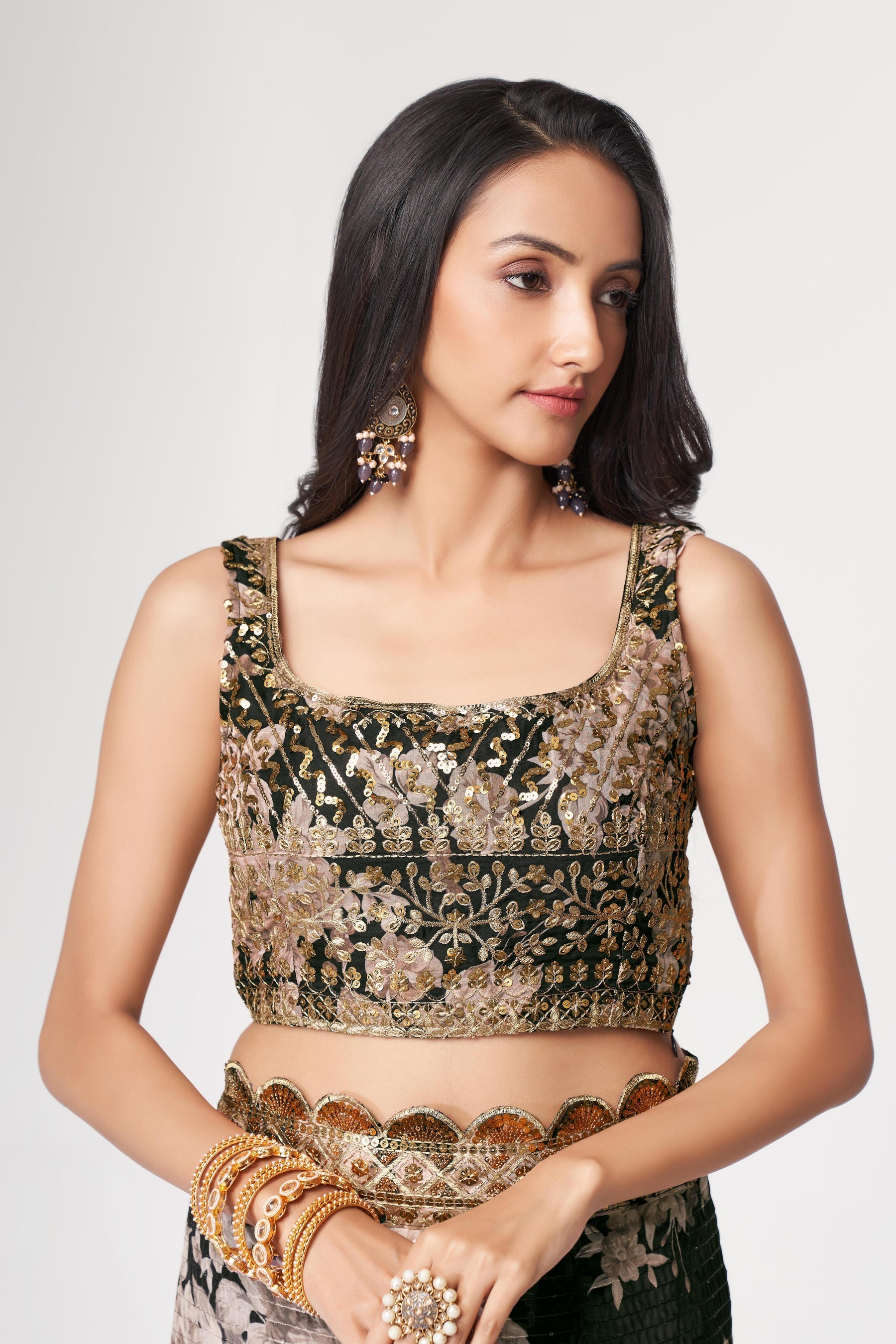 Black Floral Printed Organza Saree With Blouse | 100% Original Saree