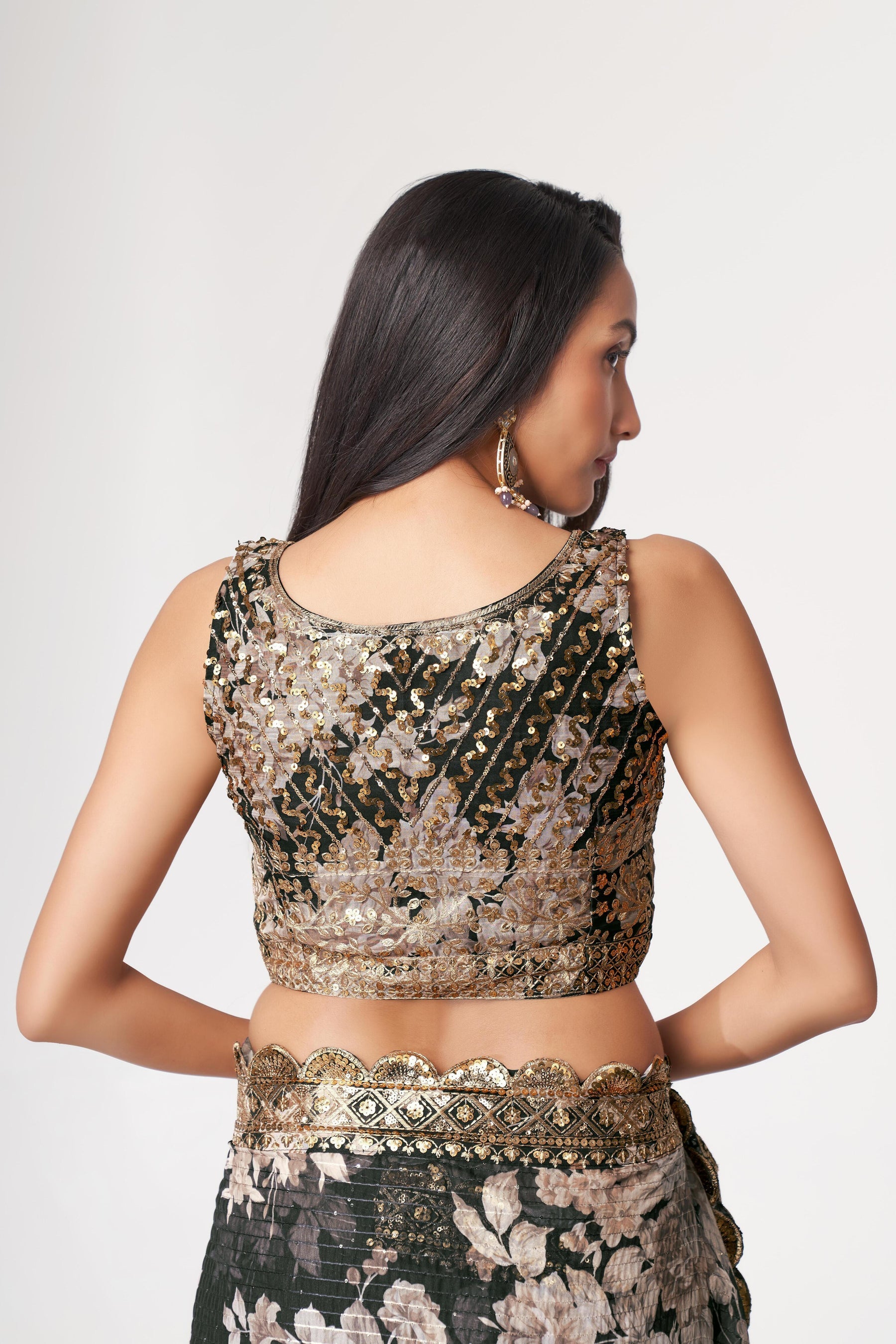 Black Floral Printed Organza Saree With Blouse | 100% Original Saree