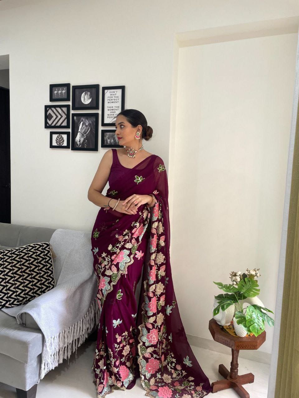 Magenta Floral Sequence Georgette Saree