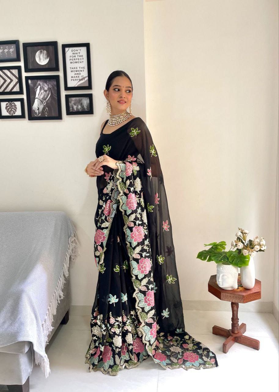 Black Floral Sequence Georgette Saree