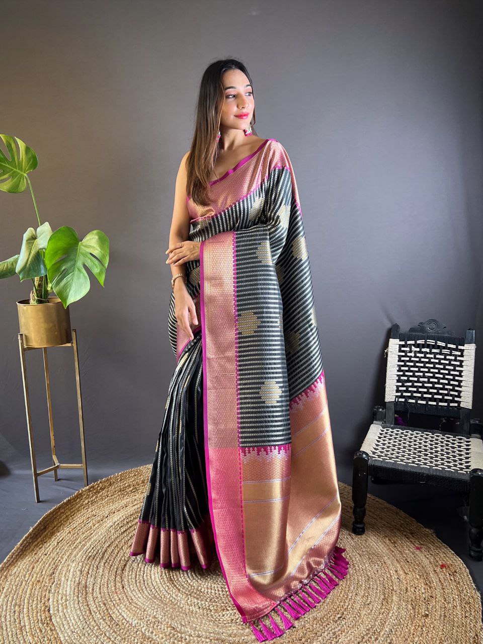 Black Gold Zari Weaved Banarasi Silk Saree