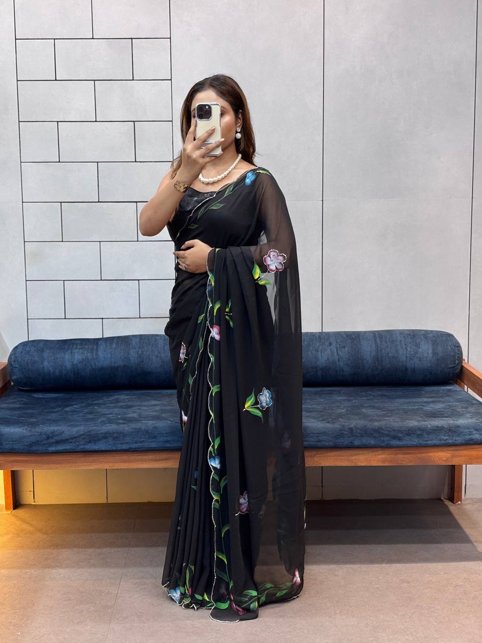 Black Color Hand Flower Printed Georgette Wedding Look Saree