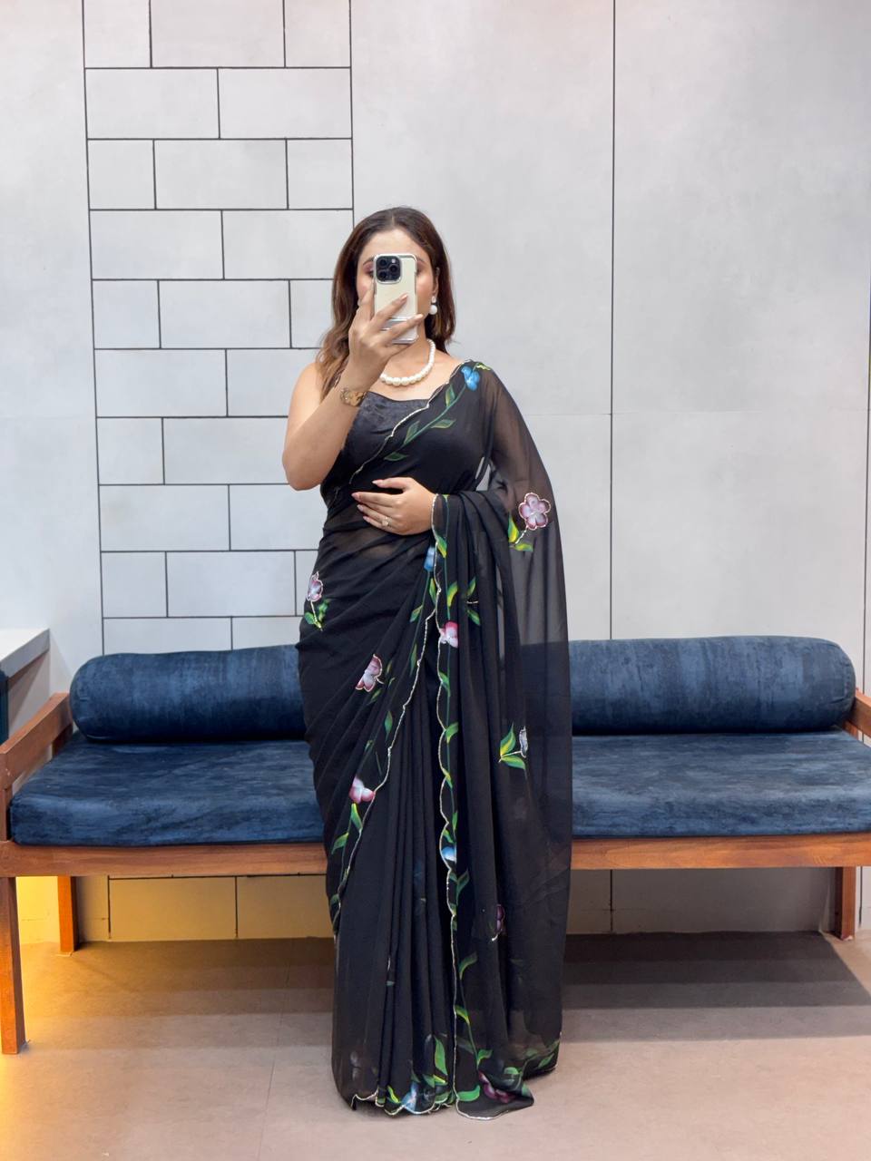 Black Hand Flower Printed Georgette Saree, Rani Pink color Black Hand Flower Printed Georgette sari for women, Black Hand Flower Printed Georgette saree for wedding, Saree, Saree for women, Saris, Sari for women, Sarees for women, Party wear sarees for women, Wedding wear saree for women, Bollywood saree for women, Heavy saree for women, Sarees for wedding