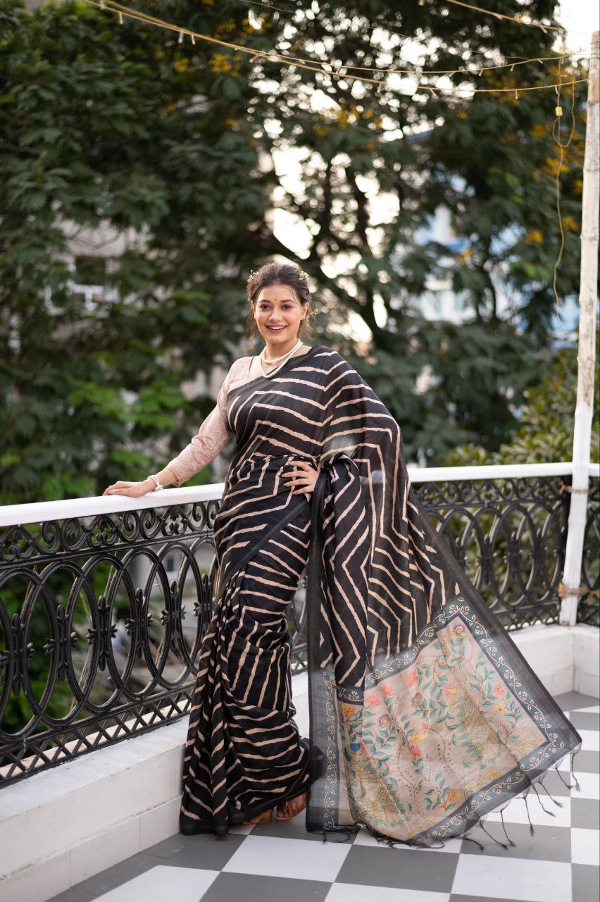 Black Leheriya Printed Tussar Silk Saree