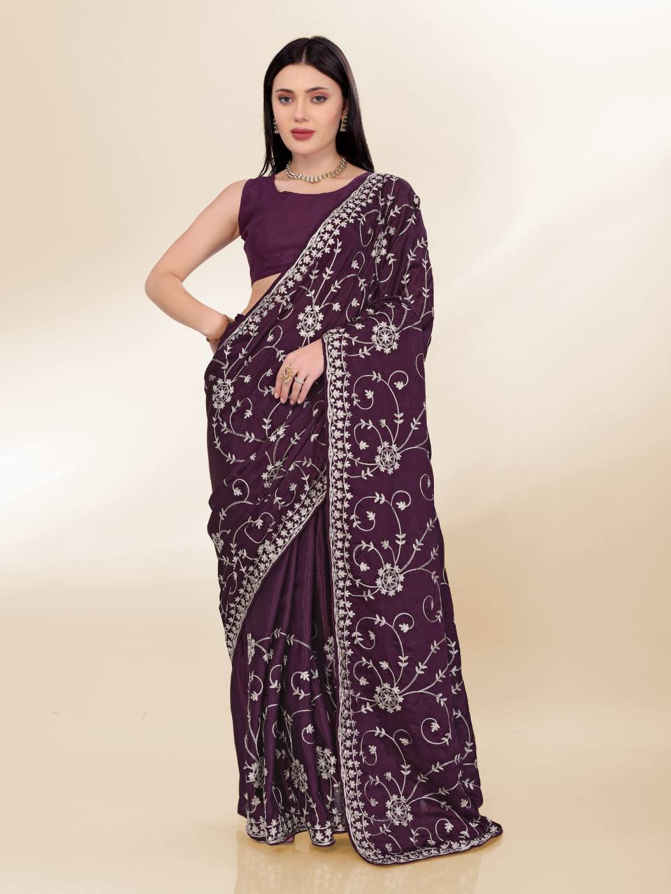 Wine Purple Silver Party Wear Chinon Silk Saree