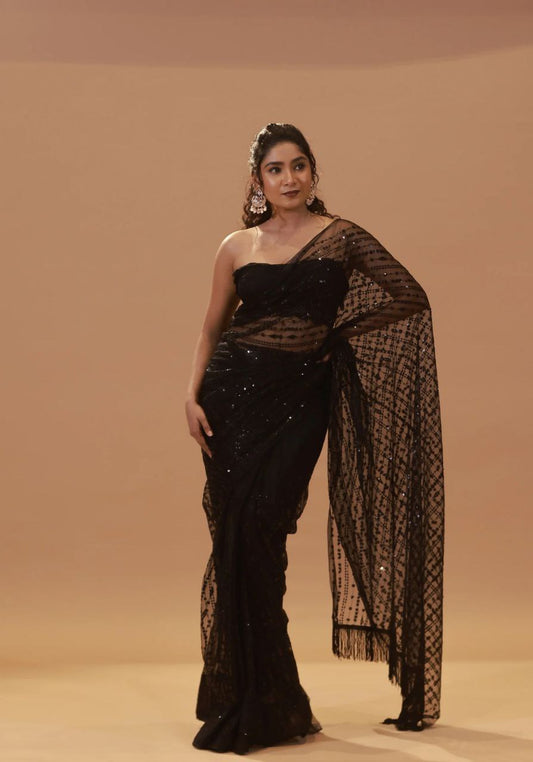 Black Party Wear Nylon Net Saree