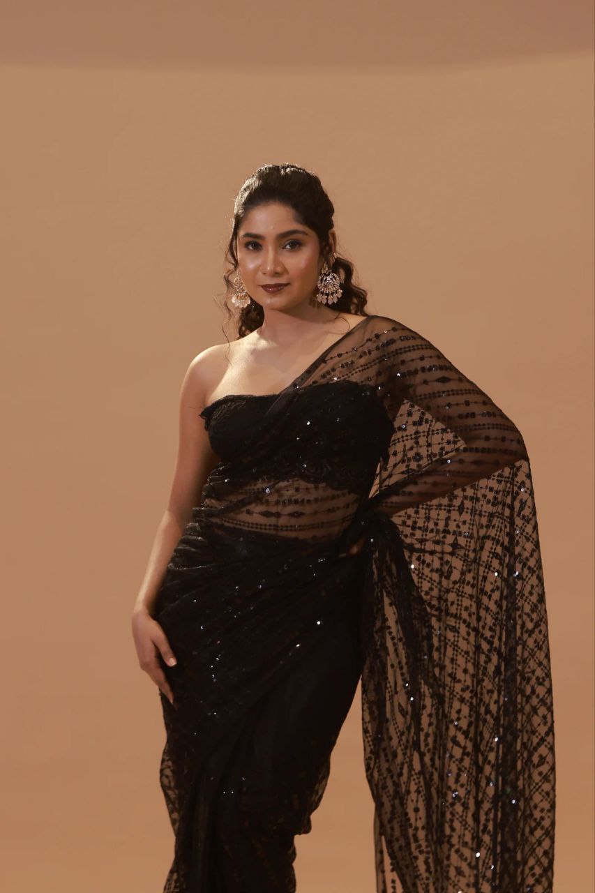 Black Party Wear Nylon Net Saree