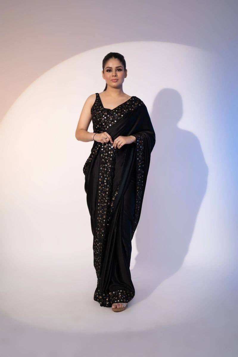 Black Party Wear Rangoli Silk Saree, Rani Pink color Black Party Wear Rangoli Silk sari for women, Black Party Wear Rangoli Silk saree for wedding, Saree, Saree for women, Saris, Sari for women, Sarees for women, Party wear sarees for women, Wedding wear saree for women, Bollywood saree for women, Heavy saree for women, Sarees for wedding