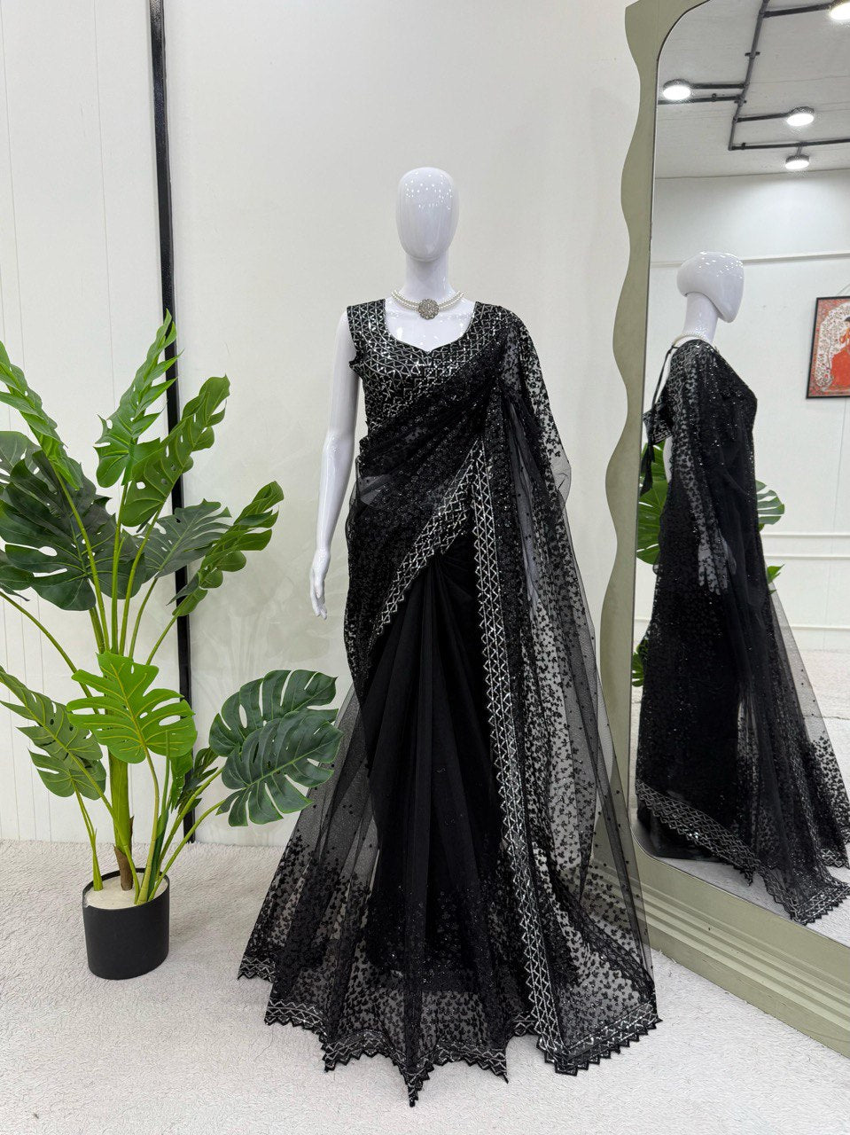 Black Party Wear Sequenced Work Net Saree