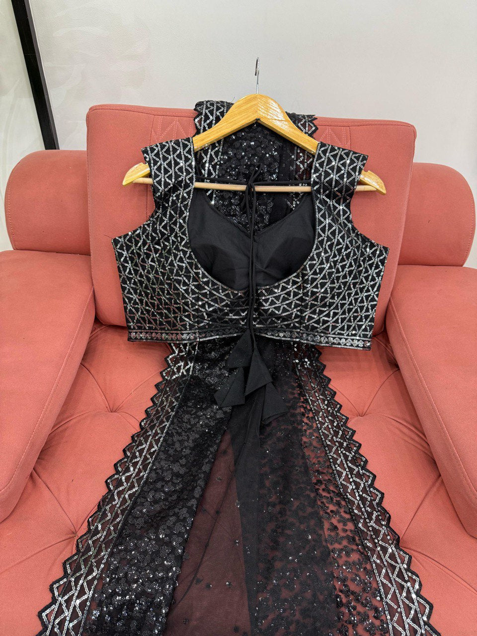 Black Party Wear Sequenced Work Net Saree