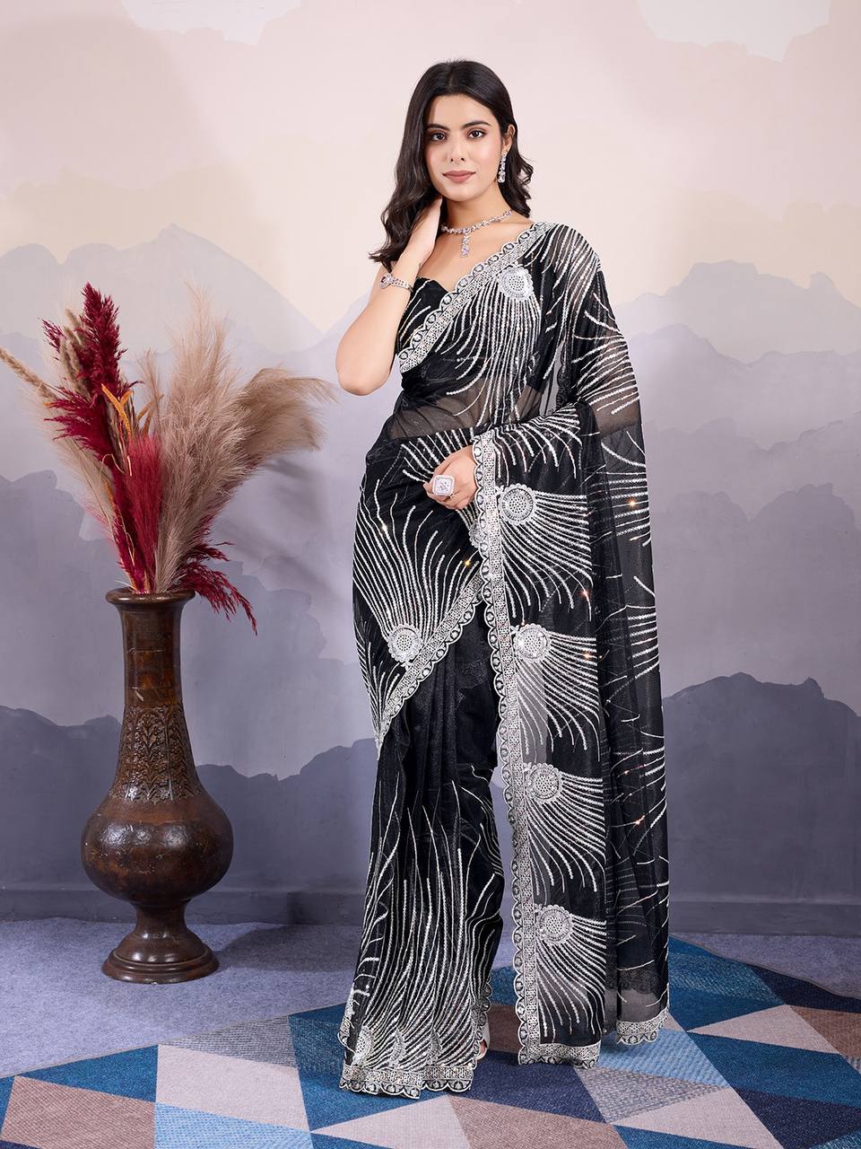 Black Party Wear Twill Net Saree