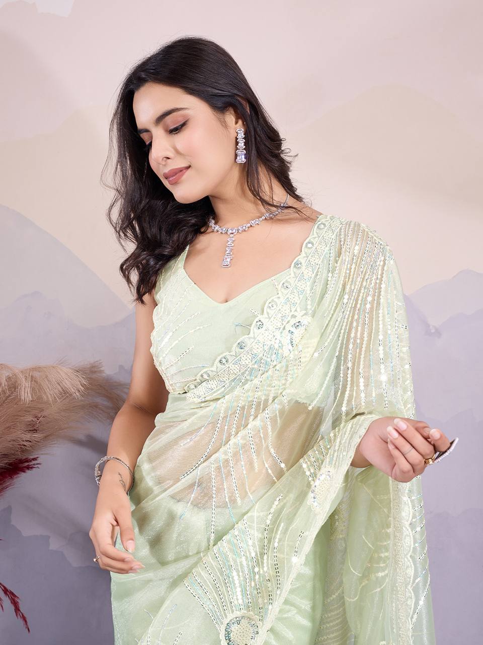 Green Party Wear Twill Net Saree