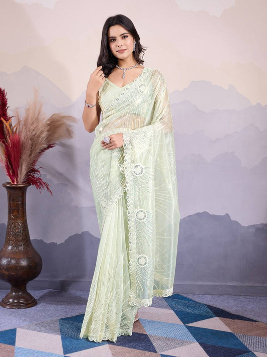 Green Party Wear Twill Net Saree