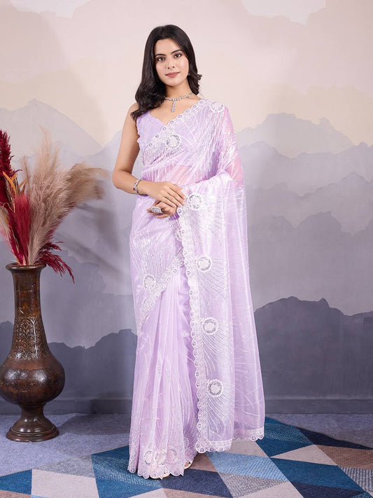 Lavender Party Wear Twill Net Saree