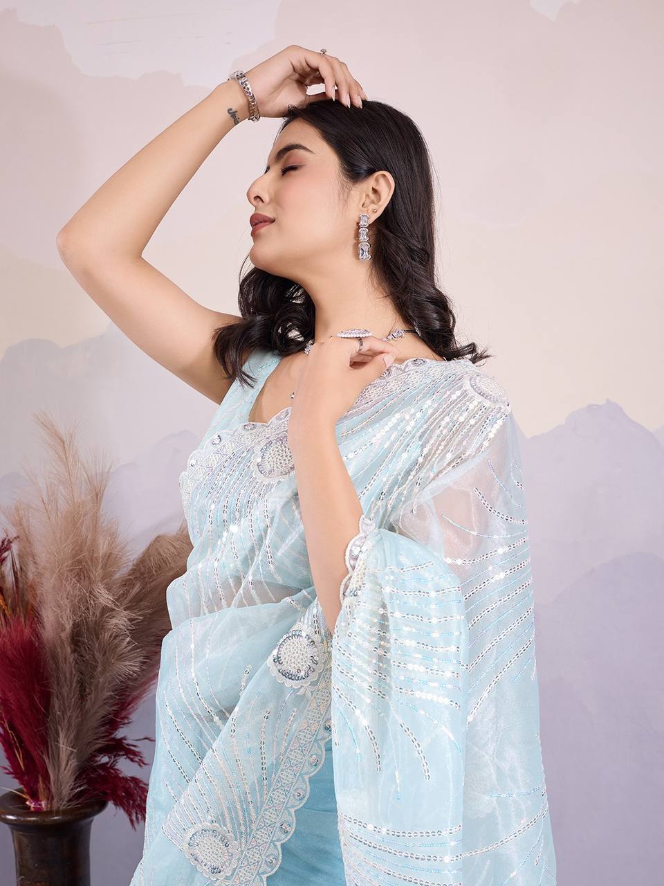 Sky Party Wear Twill Net Saree