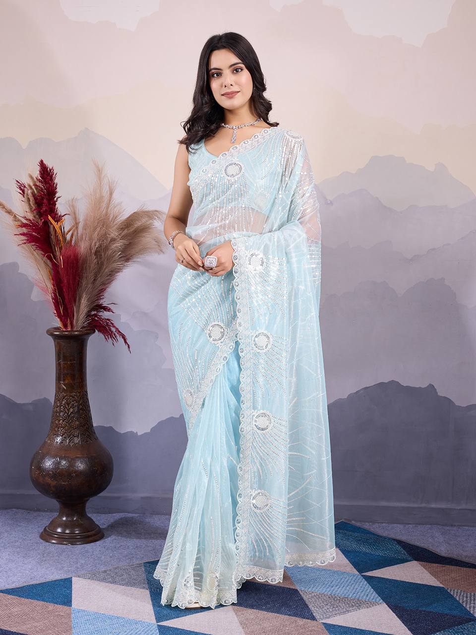 Sky Party Wear Twill Net Saree