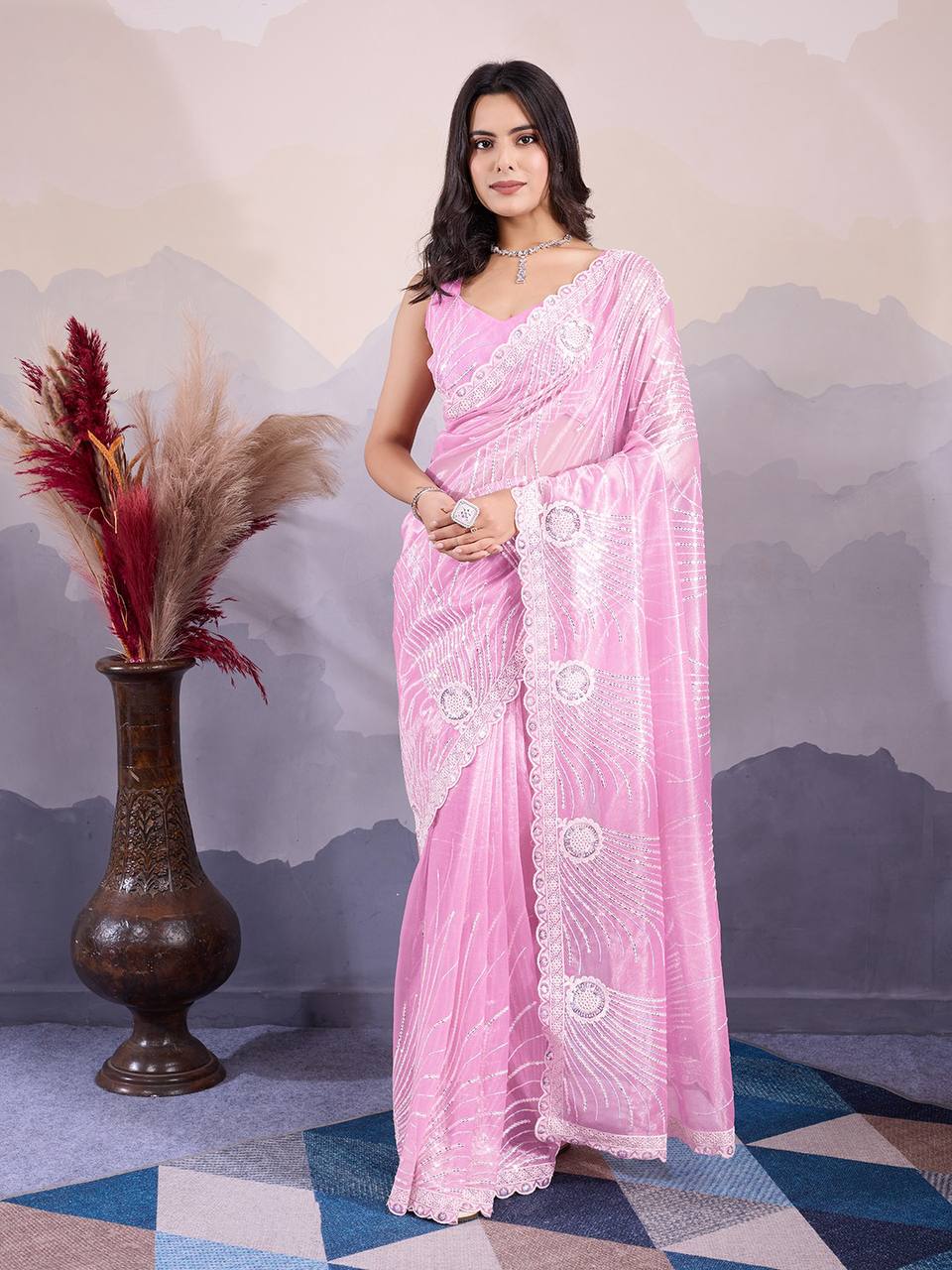 Pink Party Wear Twill Net Saree