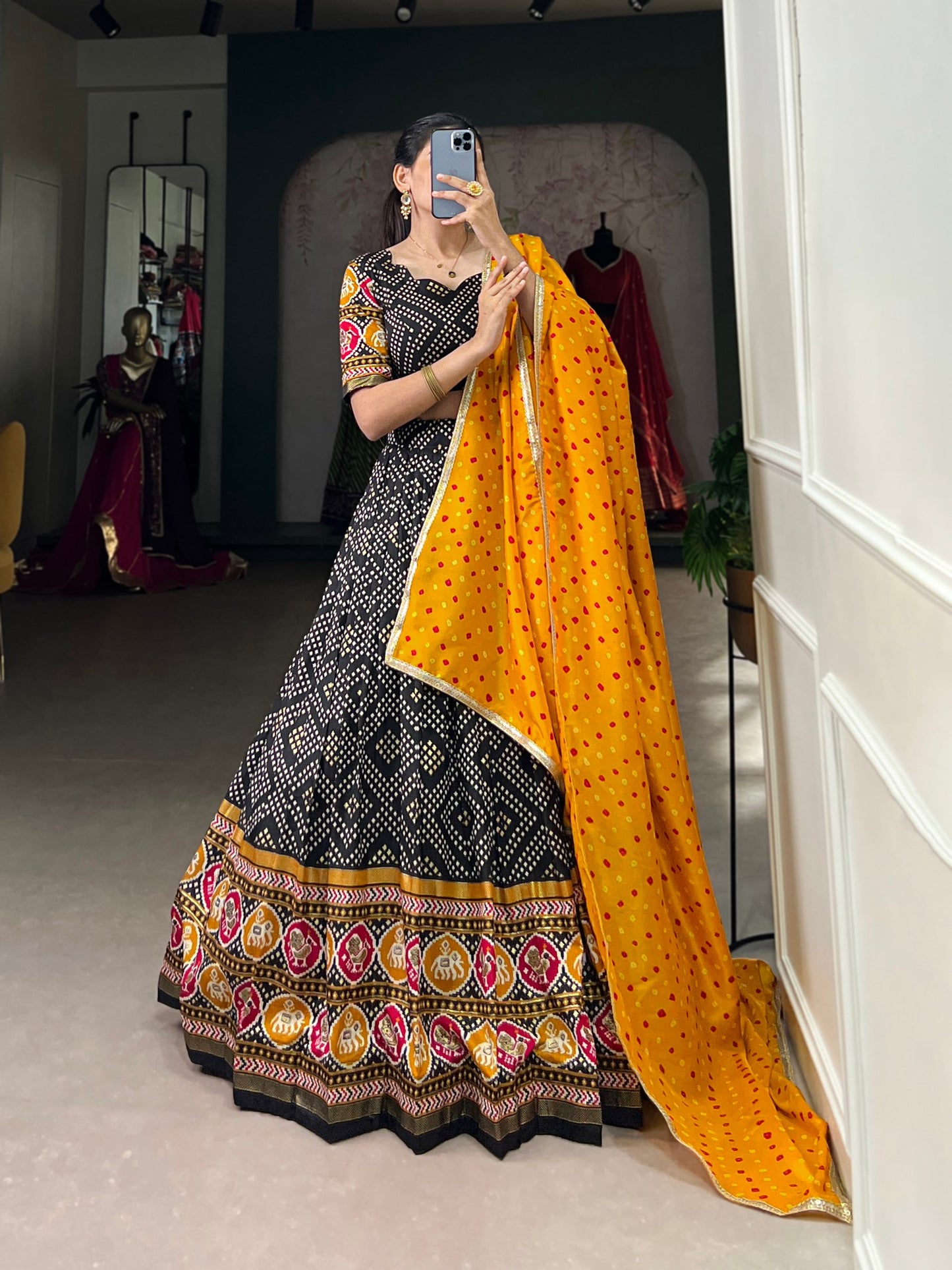 Black Patola Printed Tussar Silk Lehenga