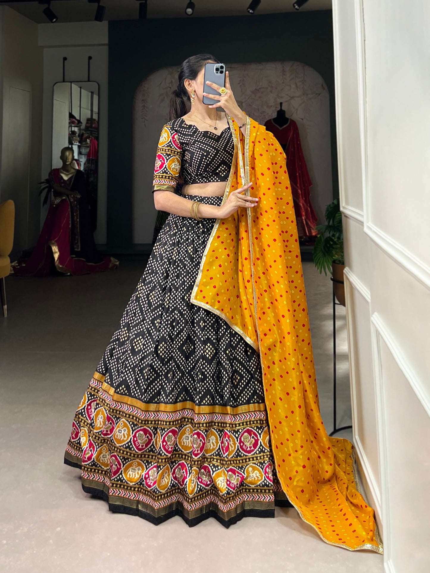 Black Patola Printed Tussar Silk Lehenga