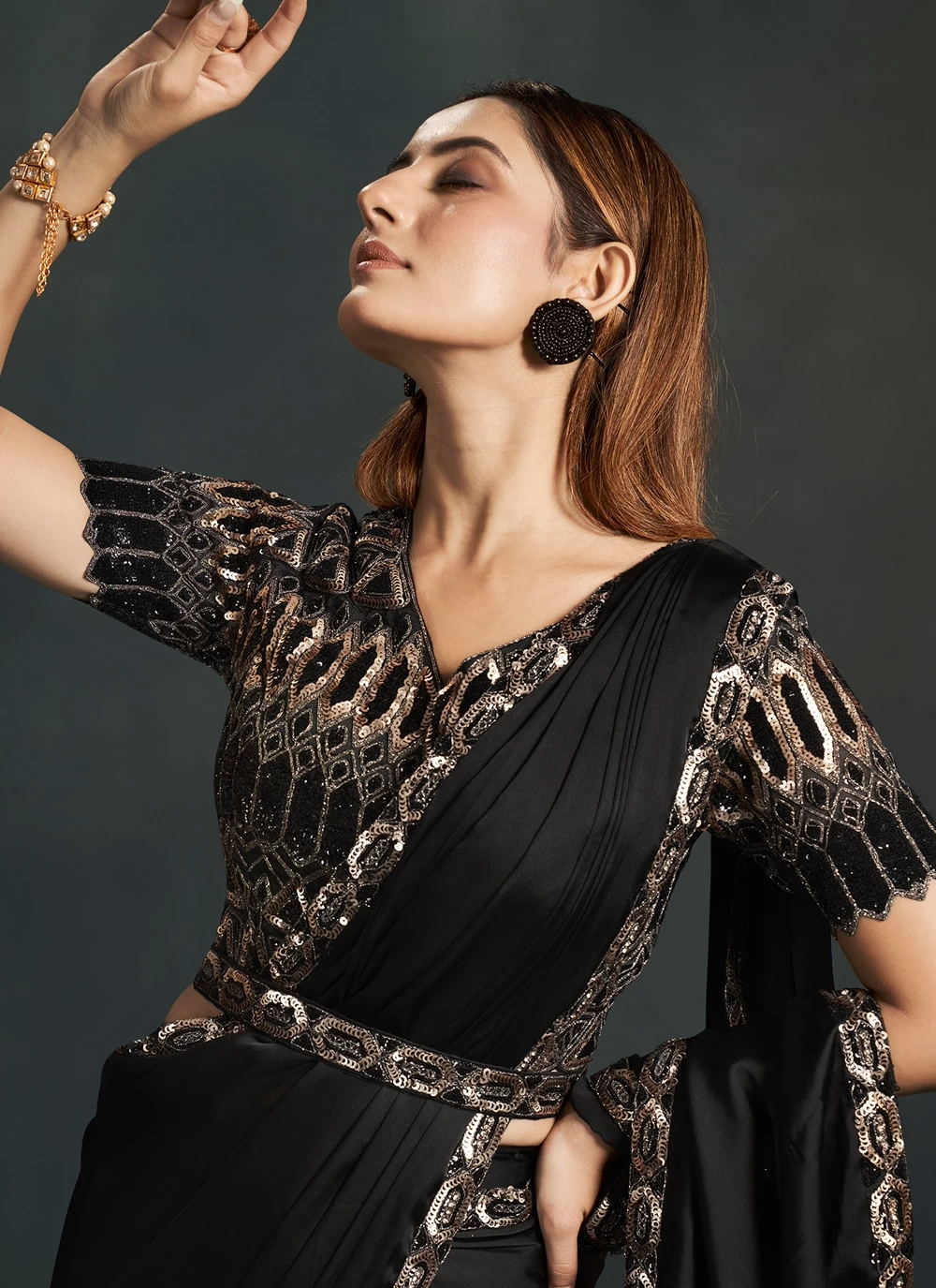 Black Stylish Pre-Stitched Saree With Belt | Original Saree