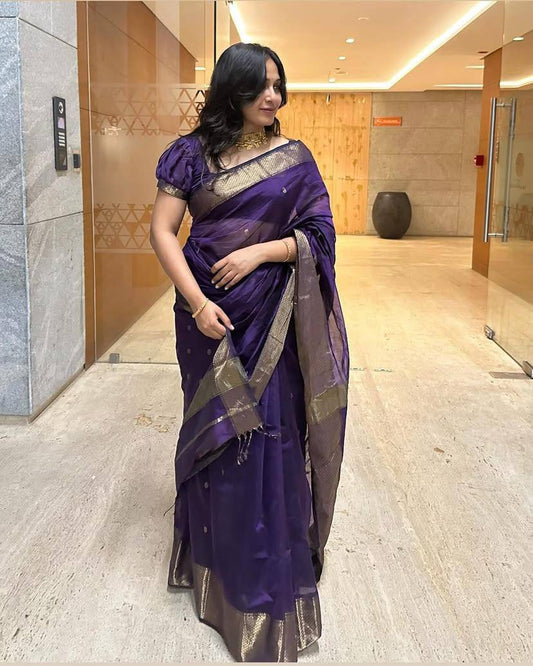 Purple Traditional Wedding Wear Linen Saree