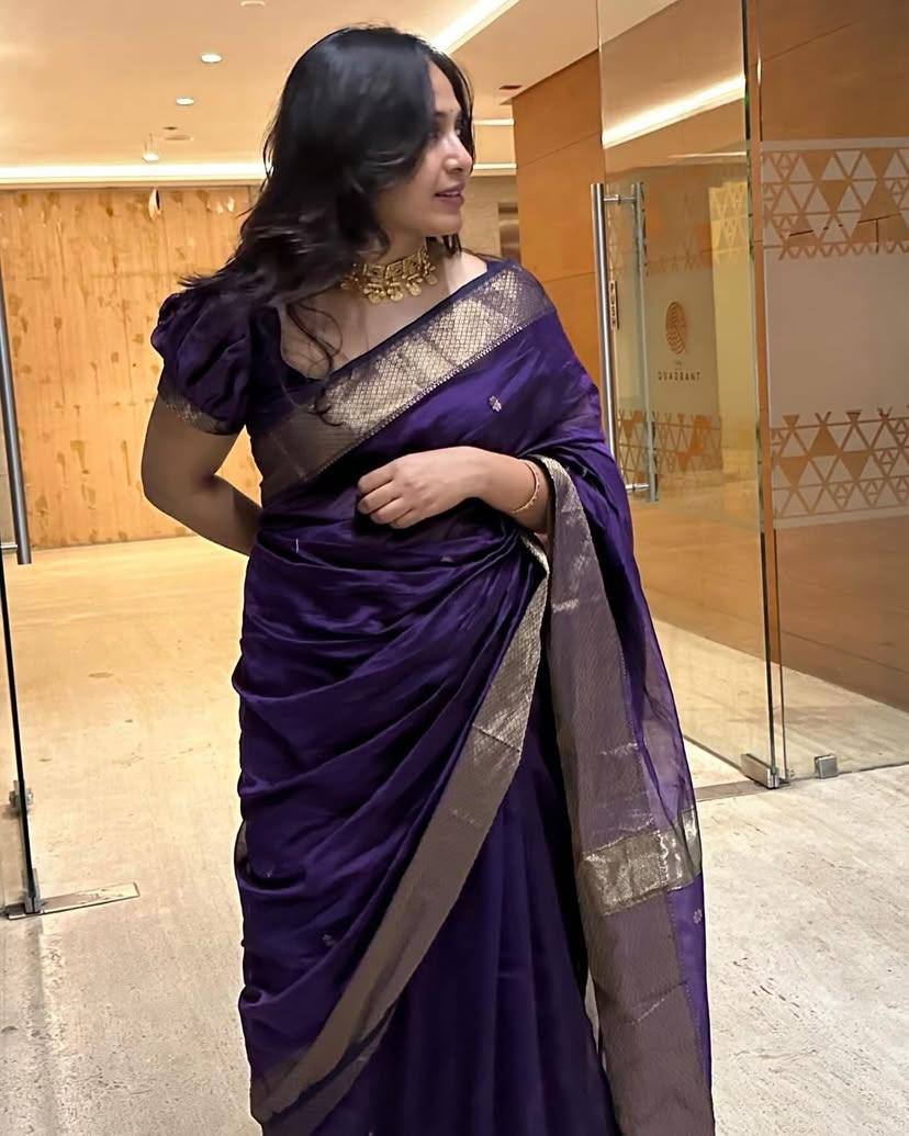 Purple Traditional Wedding Wear Linen Saree