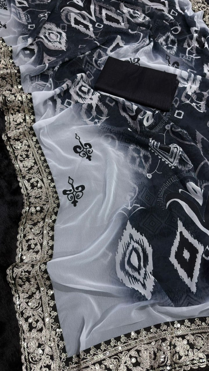 Black & White Digital Printed Georgette Saree