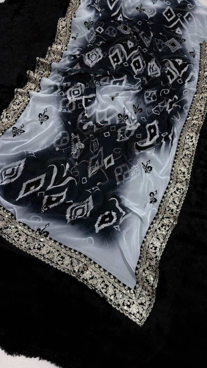 Black & White Digital Printed Georgette Saree