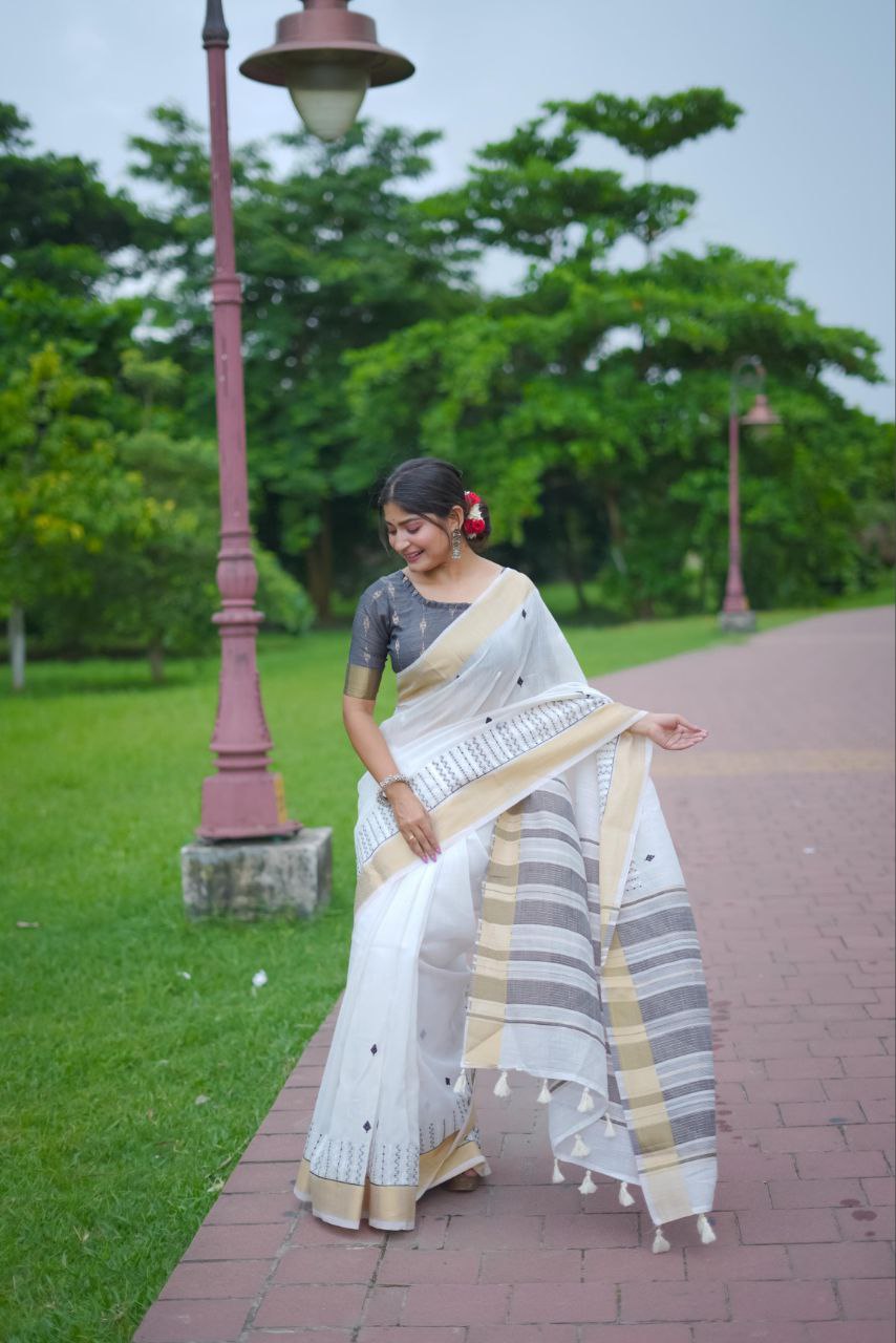 Black & White Soft Linen Cotton Saree