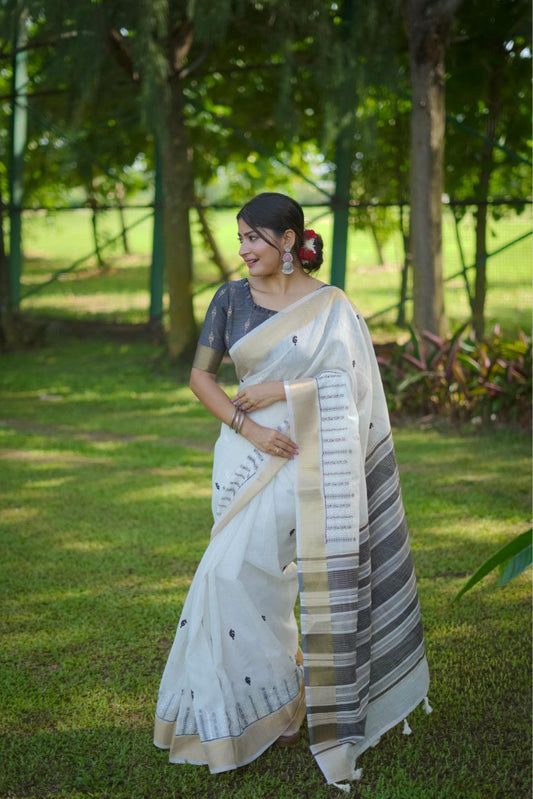 Black & White Soft Linen Cotton Saree