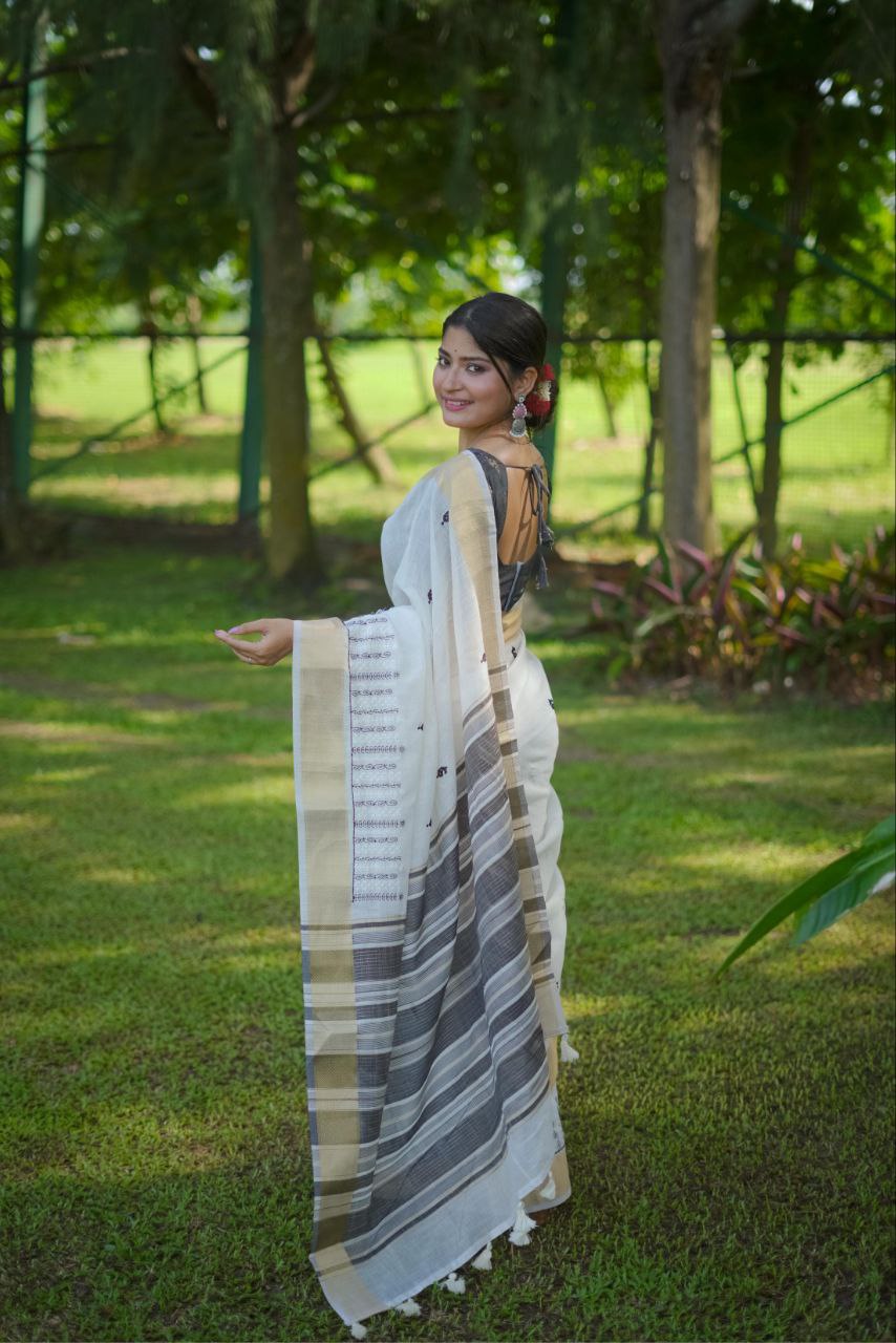 Black & White Soft Linen Cotton Saree