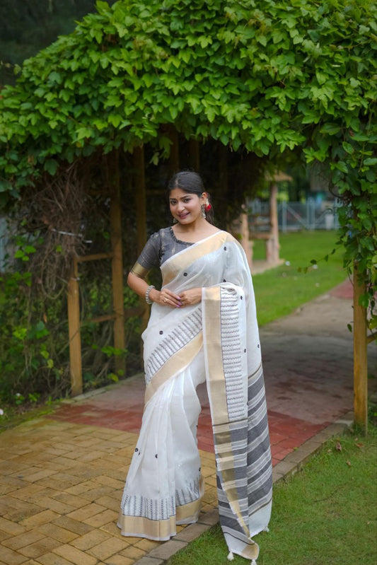 Black & White Soft Linen Cotton Saree