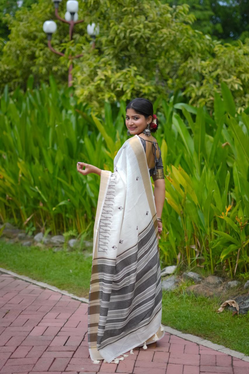 Black & White Soft Linen Cotton Saree