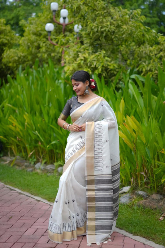 Black & White Soft Linen Cotton Saree