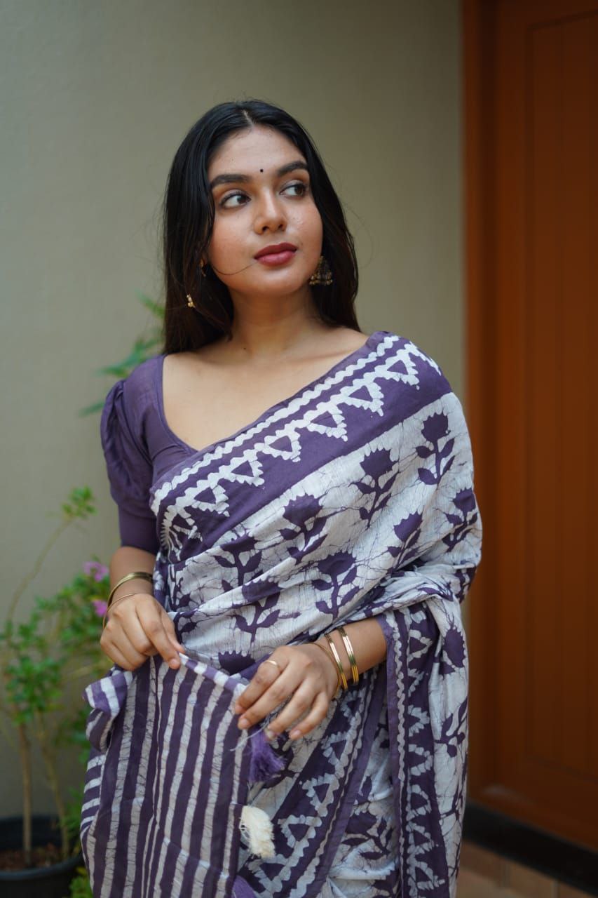 Lavender Block Printed Chanderi Cotton Saree