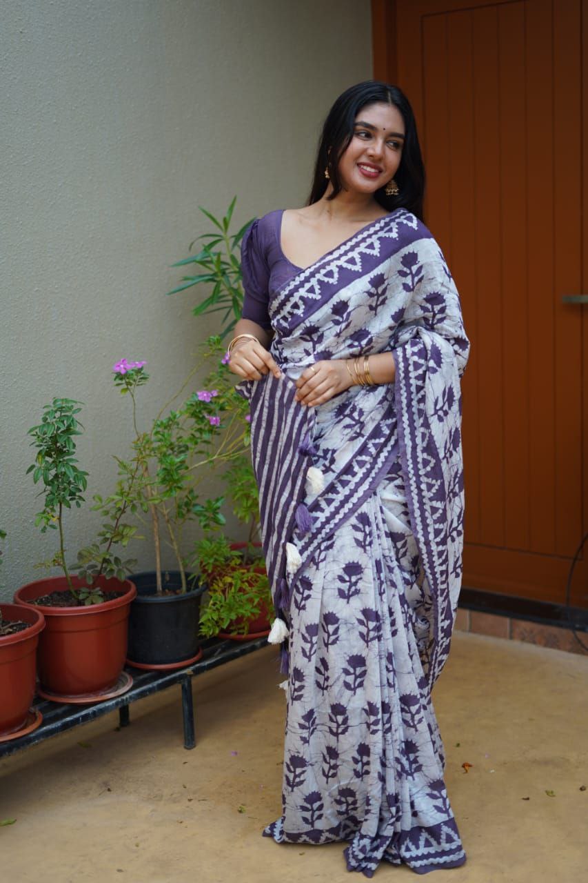 Lavender Block Printed Chanderi Cotton Saree