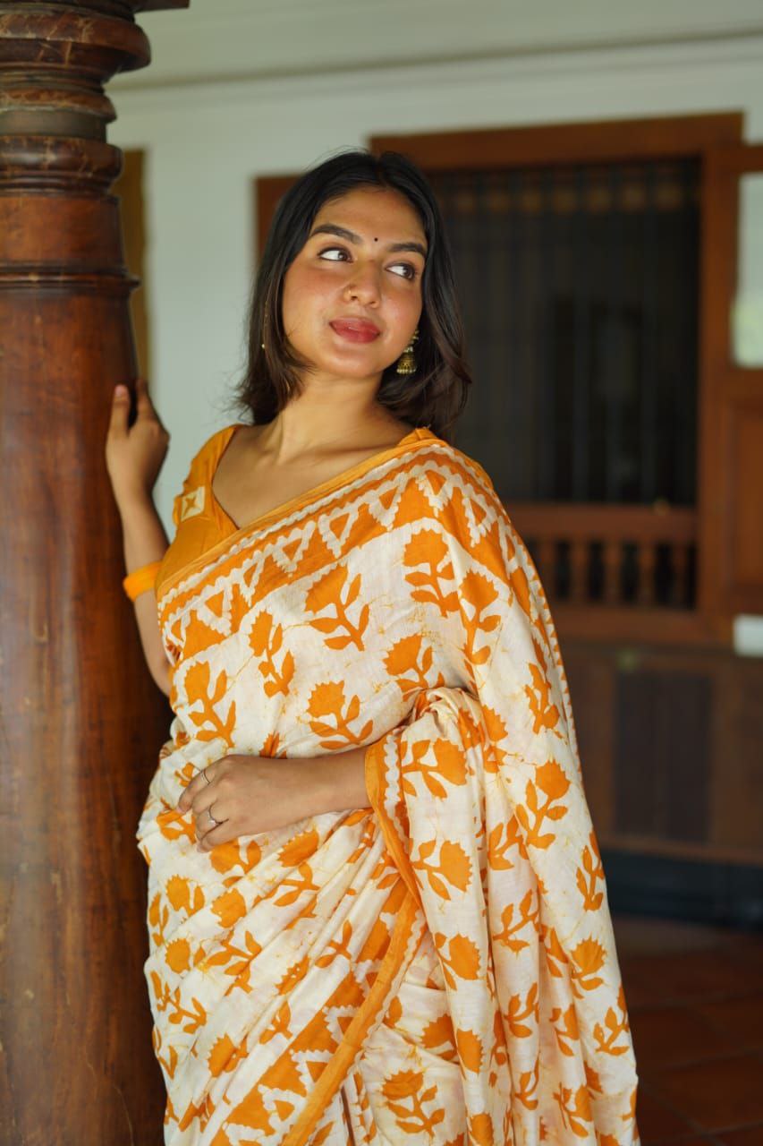 Yellow Block Printed Chanderi Cotton Saree