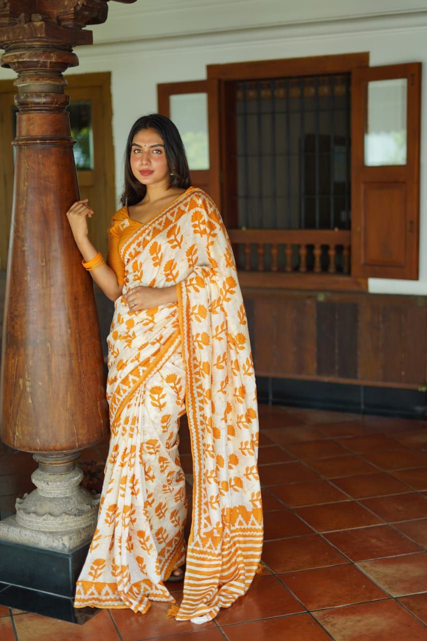 Yellow Block Printed Chanderi Cotton Saree