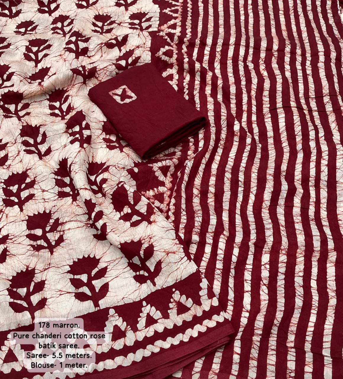 Maroon Block Printed Chanderi Cotton Saree