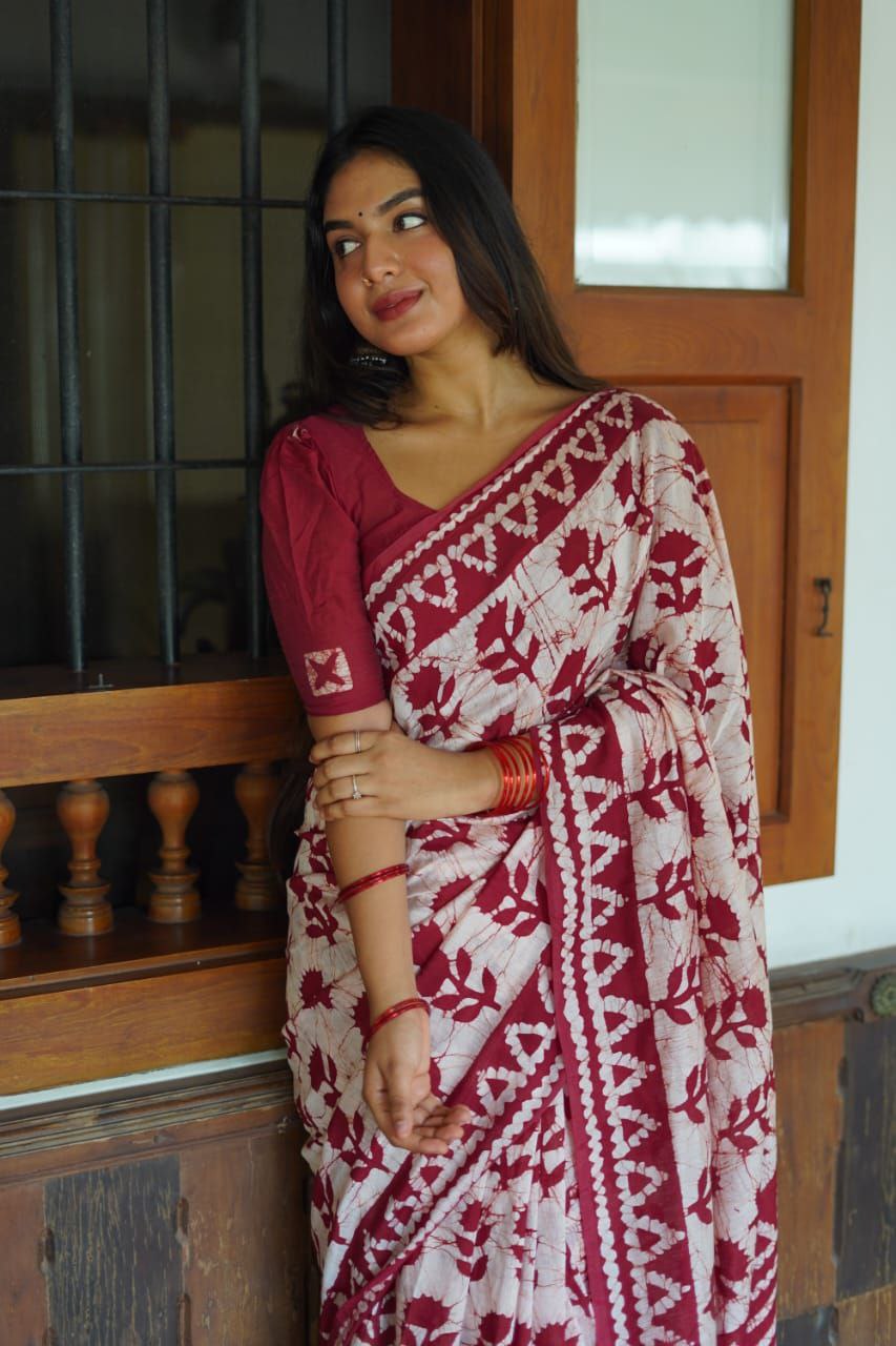 Maroon Block Printed Chanderi Cotton Saree