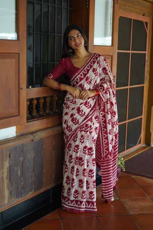 Maroon Block Printed Chanderi Cotton Saree