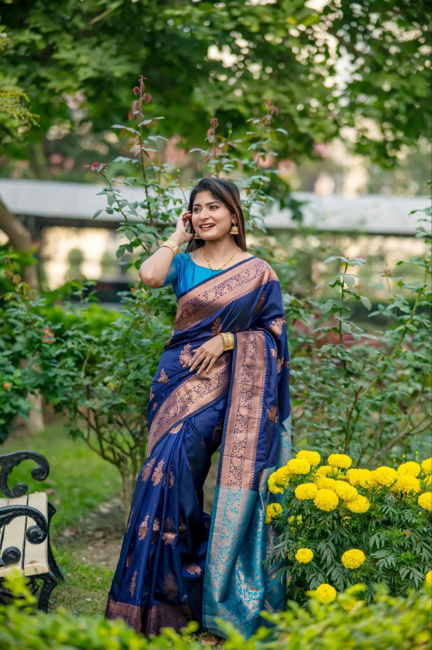 Navy Blue Banarasi Katan Silk Pattu Saree