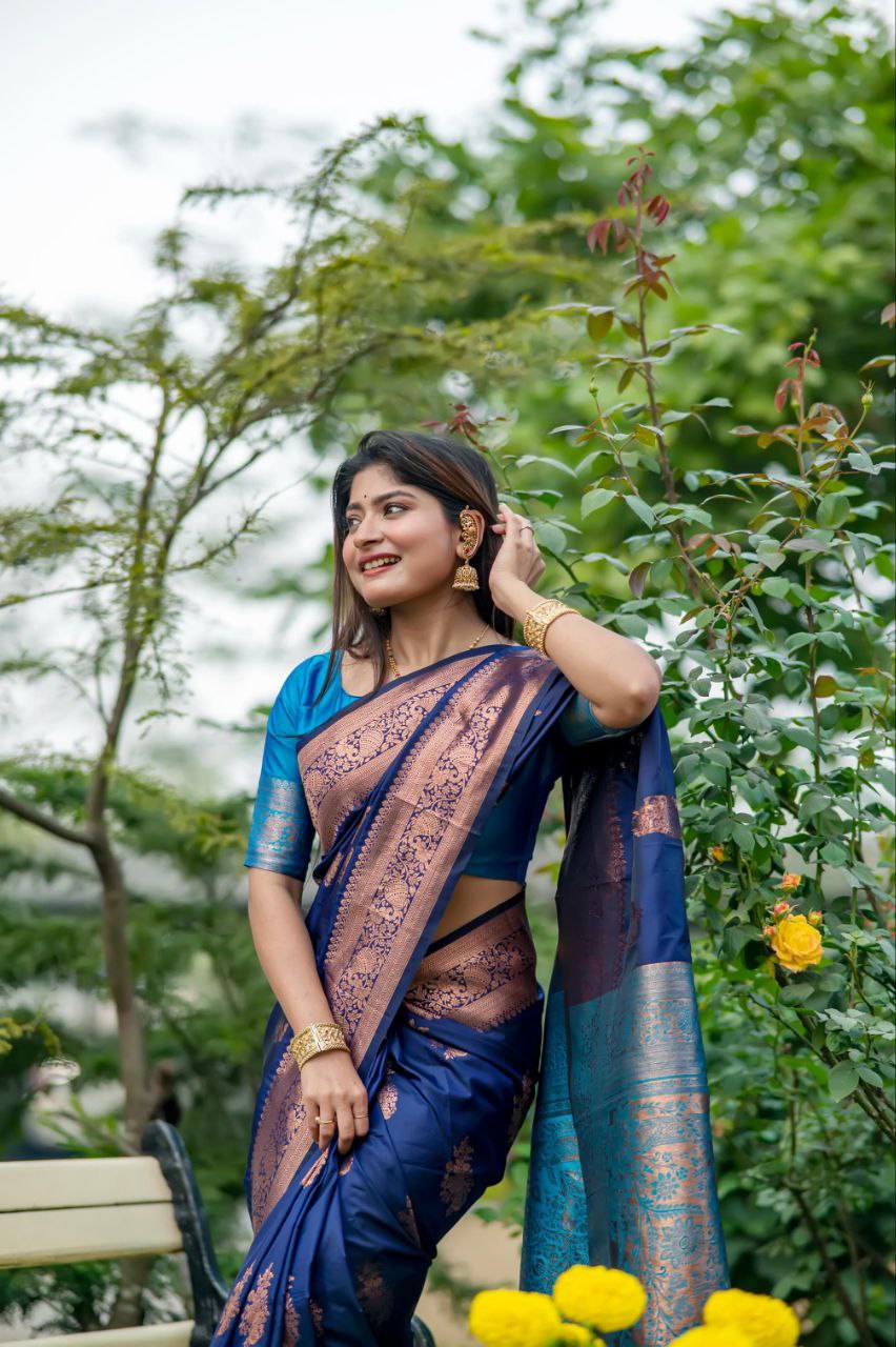 Navy Blue Banarasi Katan Silk Pattu Saree