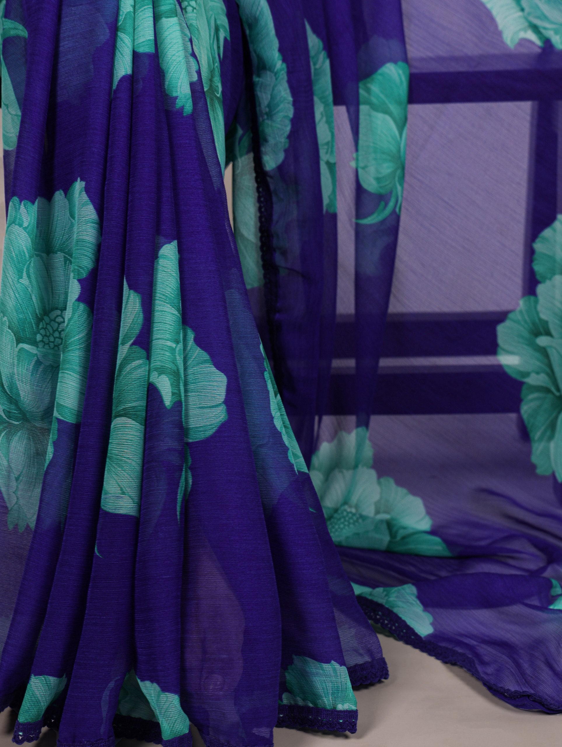 Blue Blooming Floral Stylish Chiffon Saree