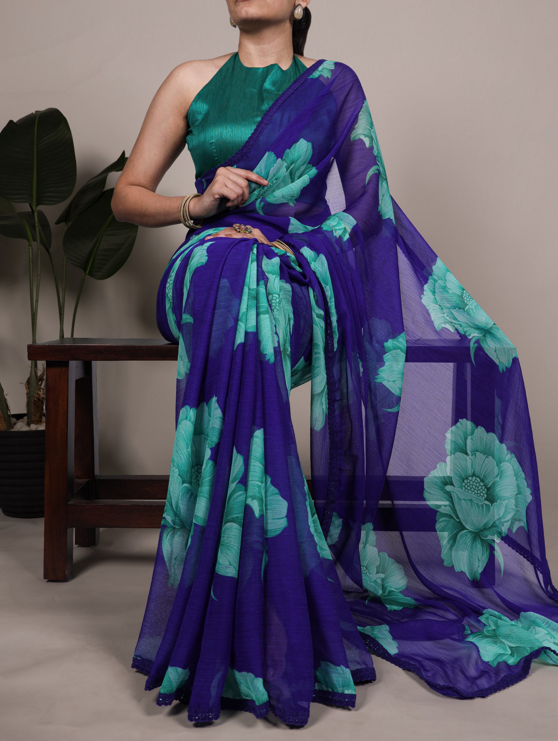 Blue Blooming Floral Stylish Chiffon Saree