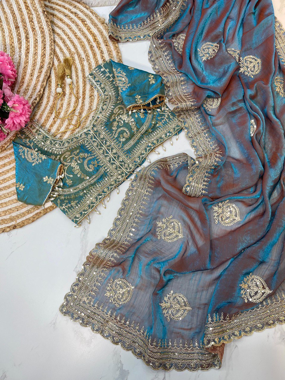 Blue Designer Fandy Chiffon Two Tone Saree