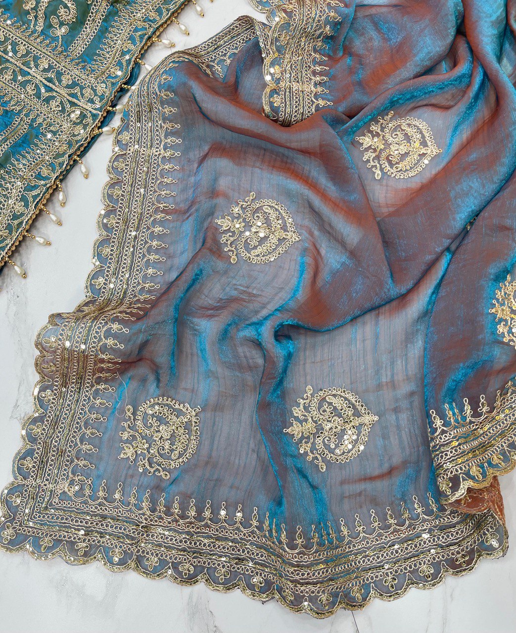 Blue Designer Fandy Chiffon Two Tone Saree