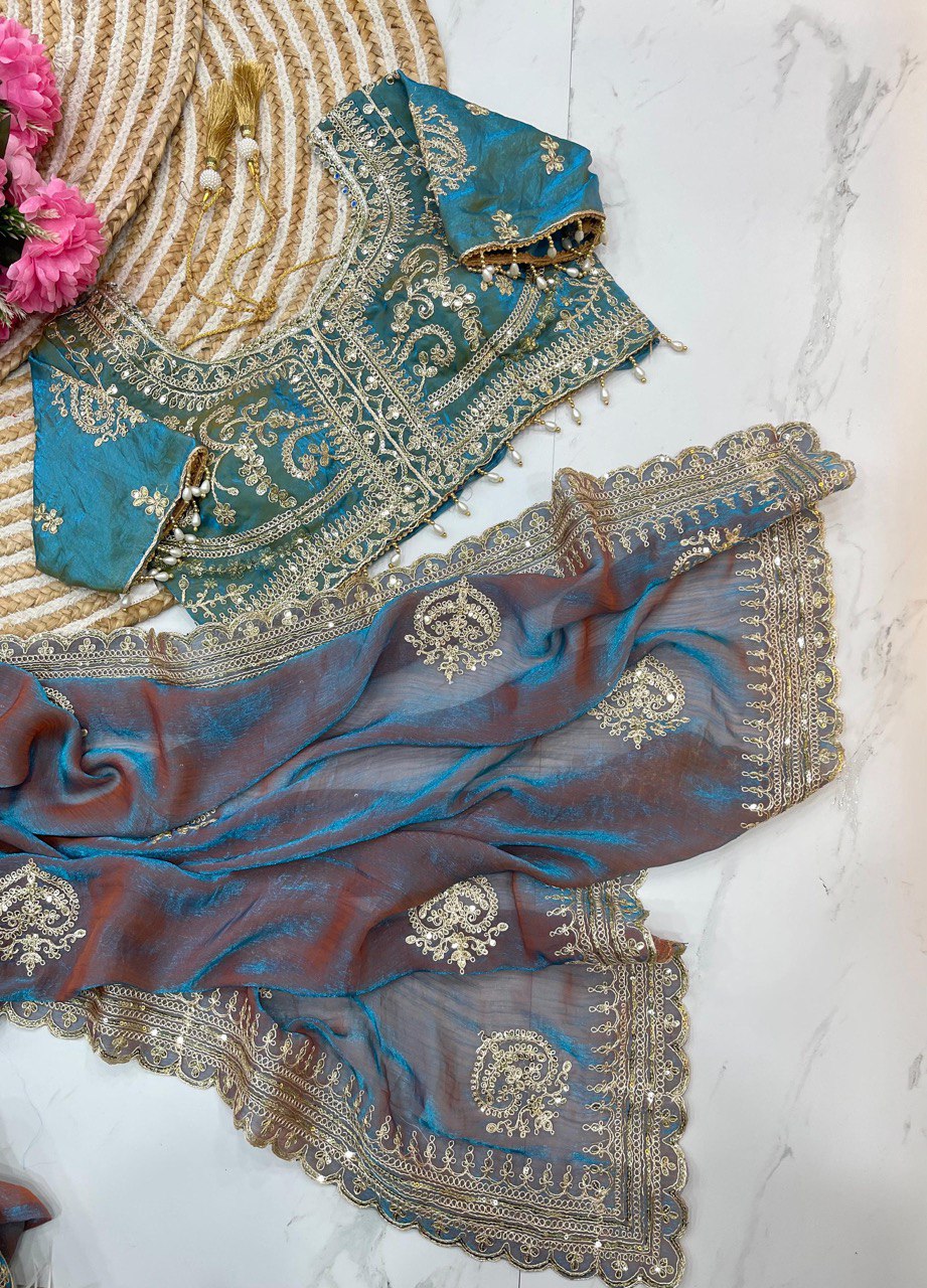 Blue Designer Fandy Chiffon Two Tone Saree