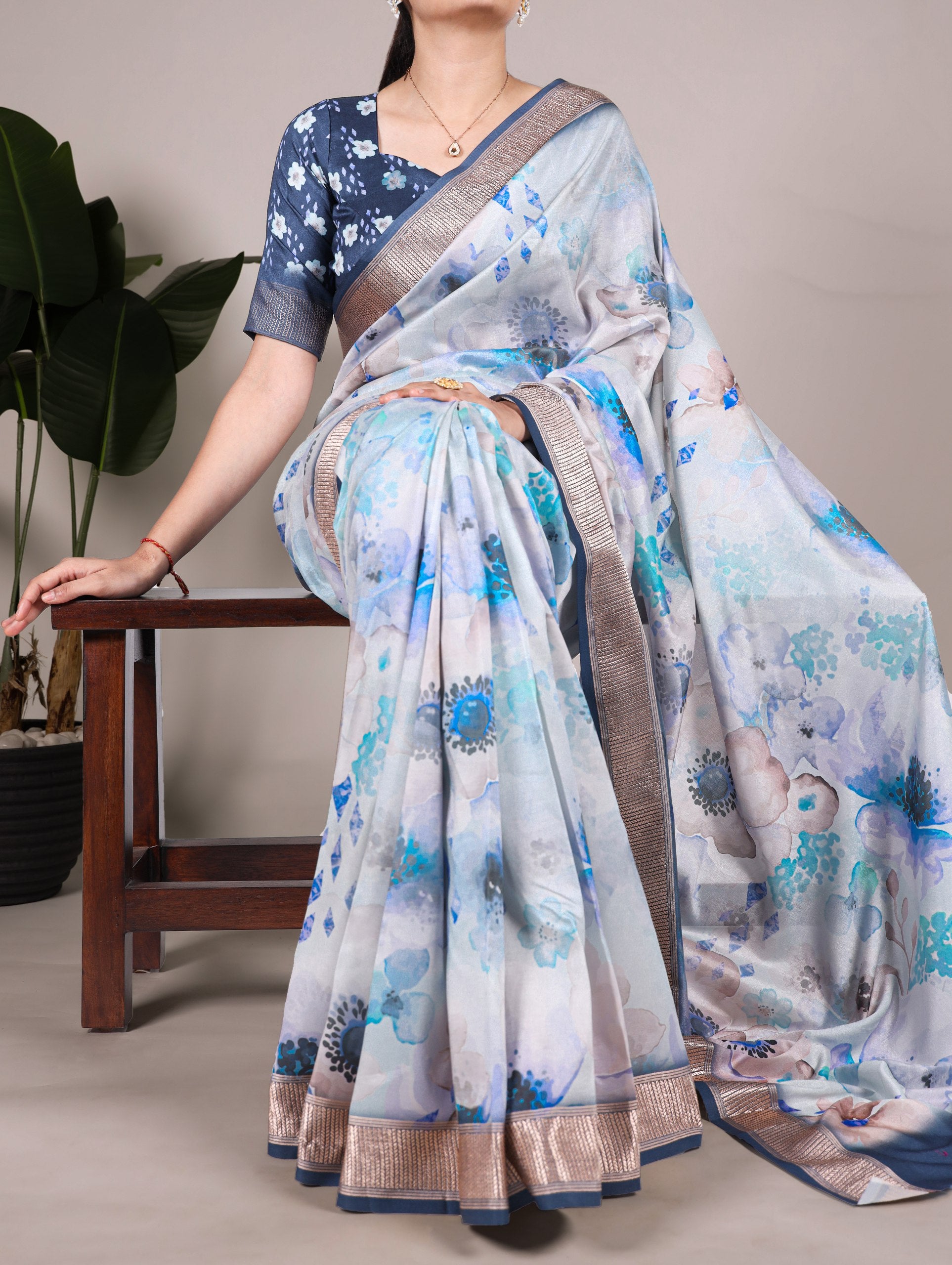 Blue Floral Printed Tussar Silk Saree